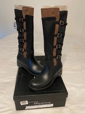 Women's Black and Brown Buckle Riding Boots